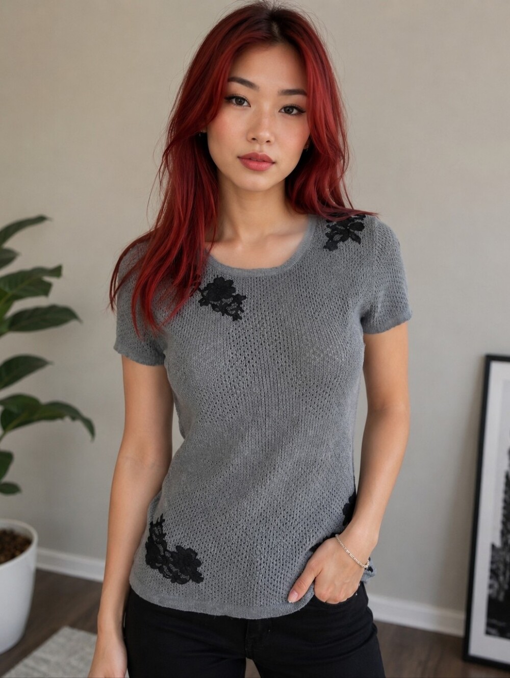 Gray Silk Knit Top with Black Floral Lace Applique Size Med By BCBG